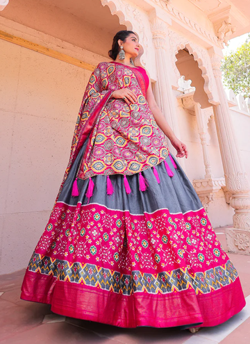 Grey And Pink Dola Silk Foil Printed Work Lehenga Choli